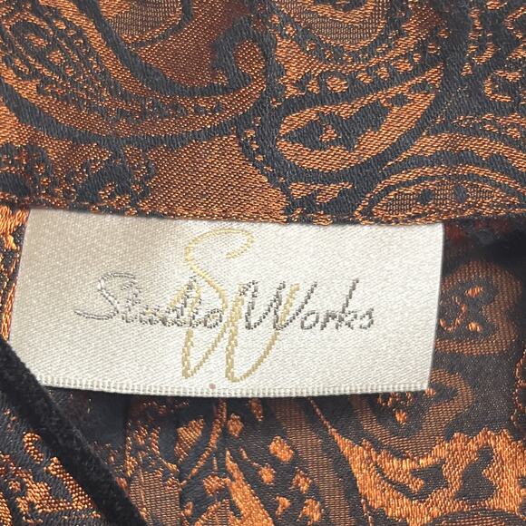 Vintage 90s Studio Works Metallic Paisley Jacket Orange Nehru Collar Button Up - Picture 5 of 8